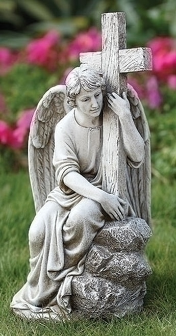 13" Josephs Studio Inspirational Seated Male Angel with Cross Religious Garden Statue - 31327649