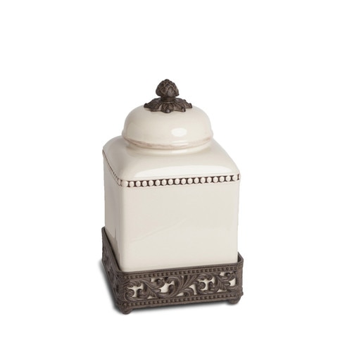 12" Cream White and Brown Canister with Acanthus Leaf Scrolled Brown Metal Base - 32812353