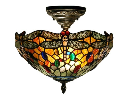 14" Dark Antique Brass Sonota Hand Crafted Glass Tiffany-Style Semi-Flush Mount Ceiling Light Fixture - 31376402