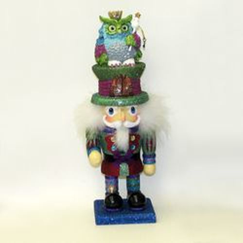 15" Deep Purple, Green and Blue Wonderland Owl King Wooden Christmas Hollywood Nutcracker - 31454095