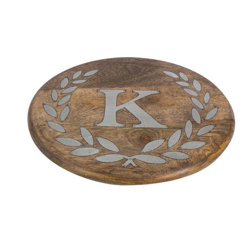 10" Rustic Brown and Gray Laurel Leaf Designed Food Safe Round Trivet with Letter "K" - 32812945