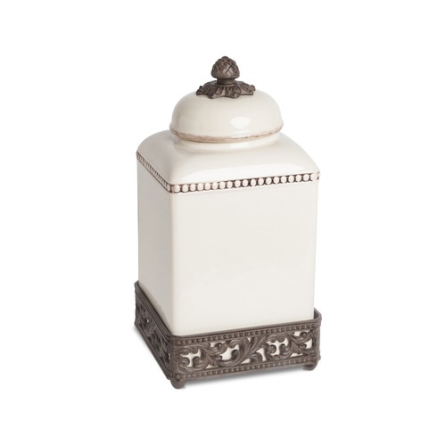 13.5" Cream White and Brown Canister with Acanthus Leaf Scrolled Brown Metal Base - 32812347