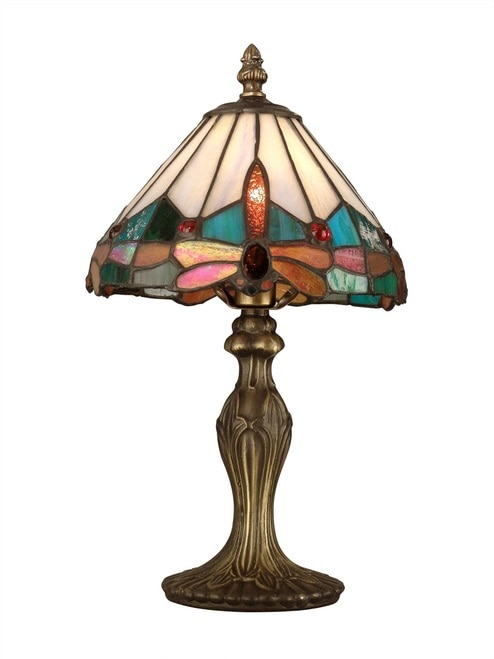 13.5" Antique Brass Jewel Dragonfly Hand Crafted Glass Tiffany-Style Accent Lamp - 31376281