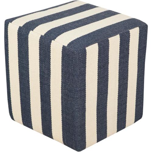 16" Ivory White and Denim Blue PVC and Cotton Pouf Ottoman - 31399312