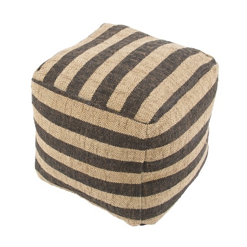 16" Charcoal Gray and Sandy Tan Stripe Pattern Jute and Wool Pouf Ottoman - 31524861