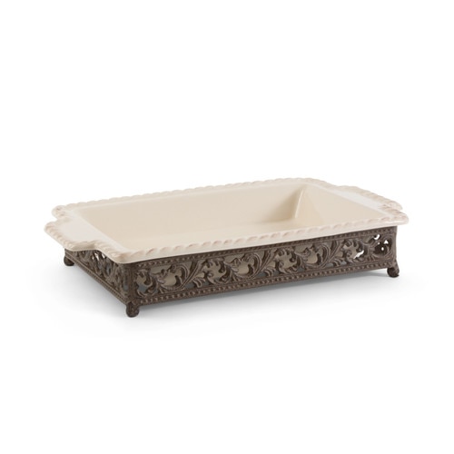 14" Cream White and Brown Medium Baking Dish with Scrolled Acanthus Leaf Base - 32812251