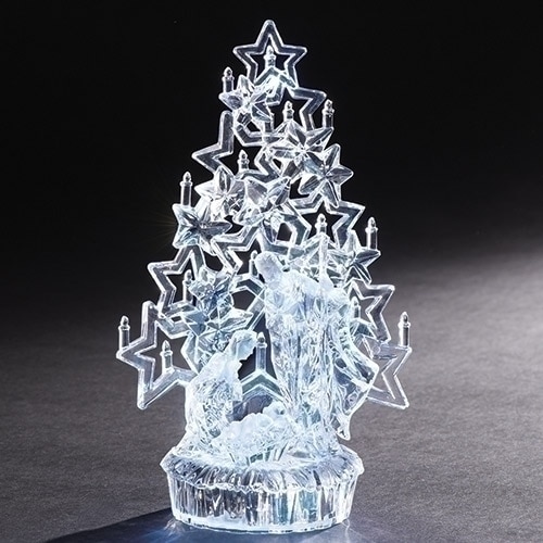 10” Clear LED Lighted Holy Family with Starry Christmas Tree Tabletop Figure - 32789194