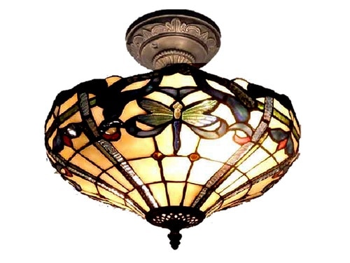 14" Antique Bronze Cabrinin Hand Crafted Glass Tiffany-Style Semi-Flush Mount Ceiling Light Fixture - 31376397