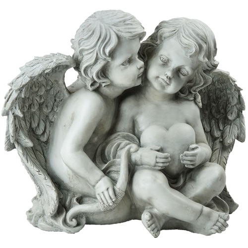 16.25" Gray Sitting Cherub Angels Holding a Heart and Bow Outdoor Garden Statue - 32588781