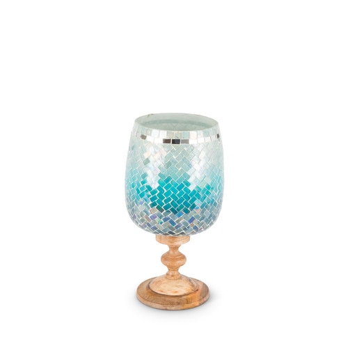 11.5" Blue Ombre Mosaic Hurricane Candle Holder with Mango Wood Stem - 32813045