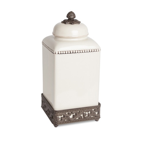 15" Cream White and Brown Canister with Acanthus Leaf Scrolled Brown Metal Base - 32812343