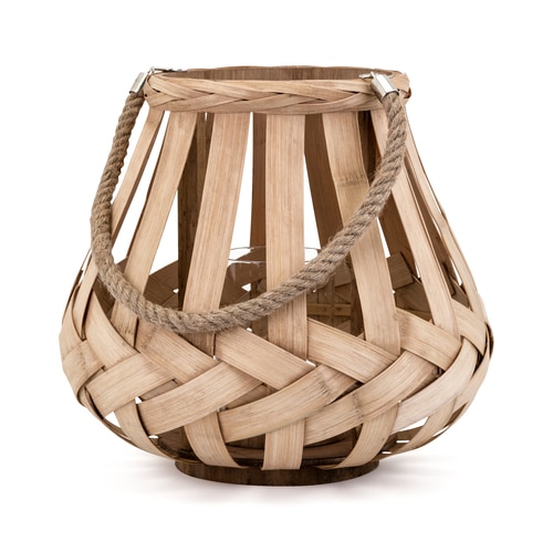13" Large Woven Bamboo Pillar Candle Lantern with Hemp Handle - 32809467