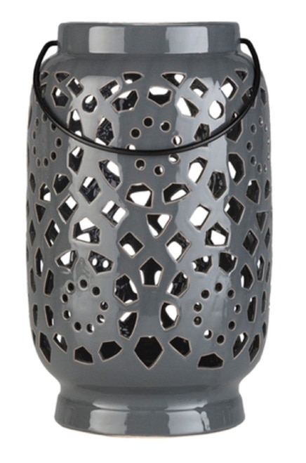 11” Large Gray Ceramic Indoor/Outdoor Lantern with Metal Handle - 31499238