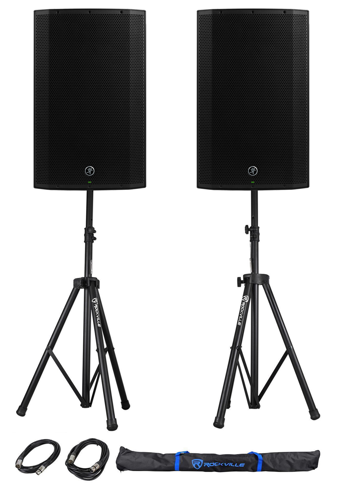 (2) Mackie Thump15A THUMP-15A 15" 1300w Powered DJ PA Speakers+Stands+Cables+Bag