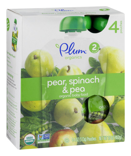 (8-count) Plum Organics  Stage 2 Pear, Spinach & Pea, 4oz, 2, 4-count, boxes