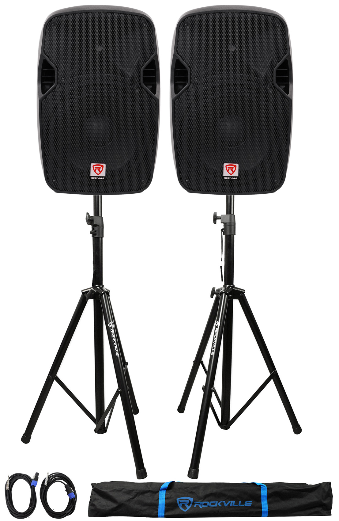 (2) Rockville SPGN124 12" Passive 2400W DJ PA Speakers+Stands+Cables+Carry Bag