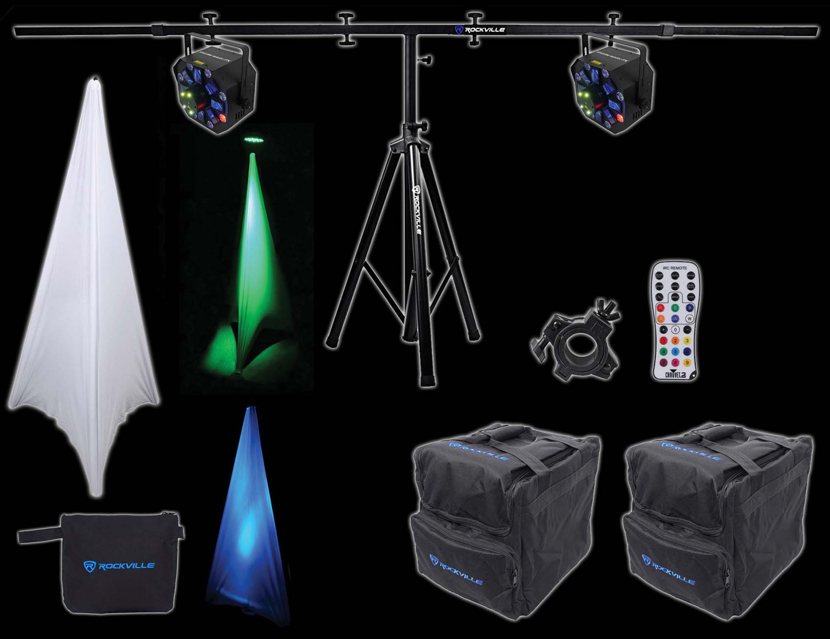 (2) Chauvet DJ SWARM WASH FX Lights w/Lasers,Strobes,UV+Stand+Scrim+Bags+Remote
