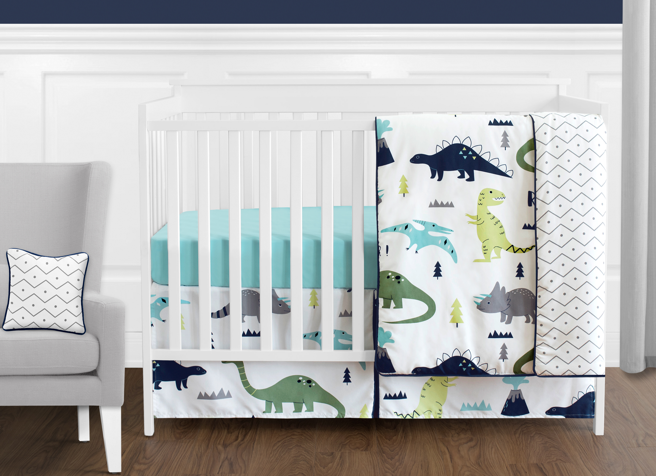 11pc Crib Bedding Set for the Blue and Green Mod Dinosaur Collection by Sweet Jojo Designs
