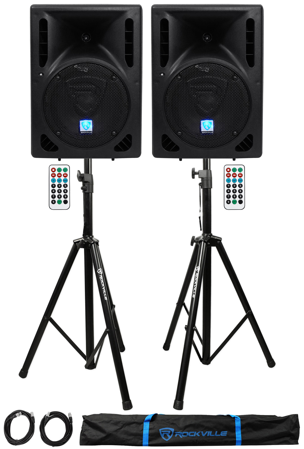 (2) Rockville RPG8BT 8" 800w Powered BlueTooth/USB DJ Speakers+Stands+Cables