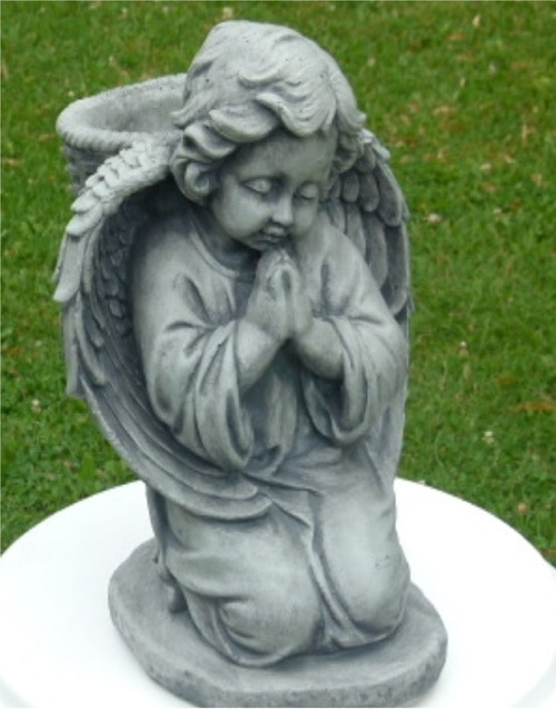 14" Cherub Outdoor Statue with Basket on Knees - Antique Stone Finish - 32902412