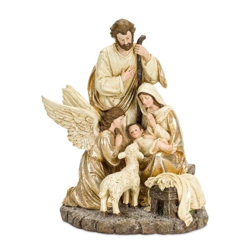 15" Gold and Brown Antique Holy Family with Angel and Lamb Figurine - 32795547