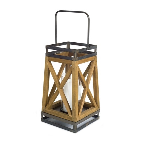 14.75" Metal and Wood Brown Candle Lantern with Cylinder Clear Glass - 33390271