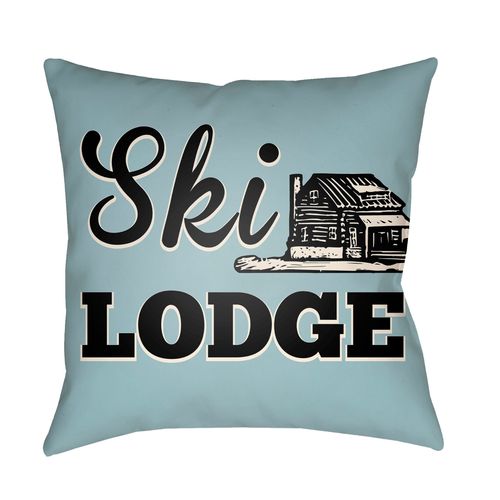 16" Pale Blue and Black "Ski LODGE" Printed Square Throw Pillow Cover - 33418280
