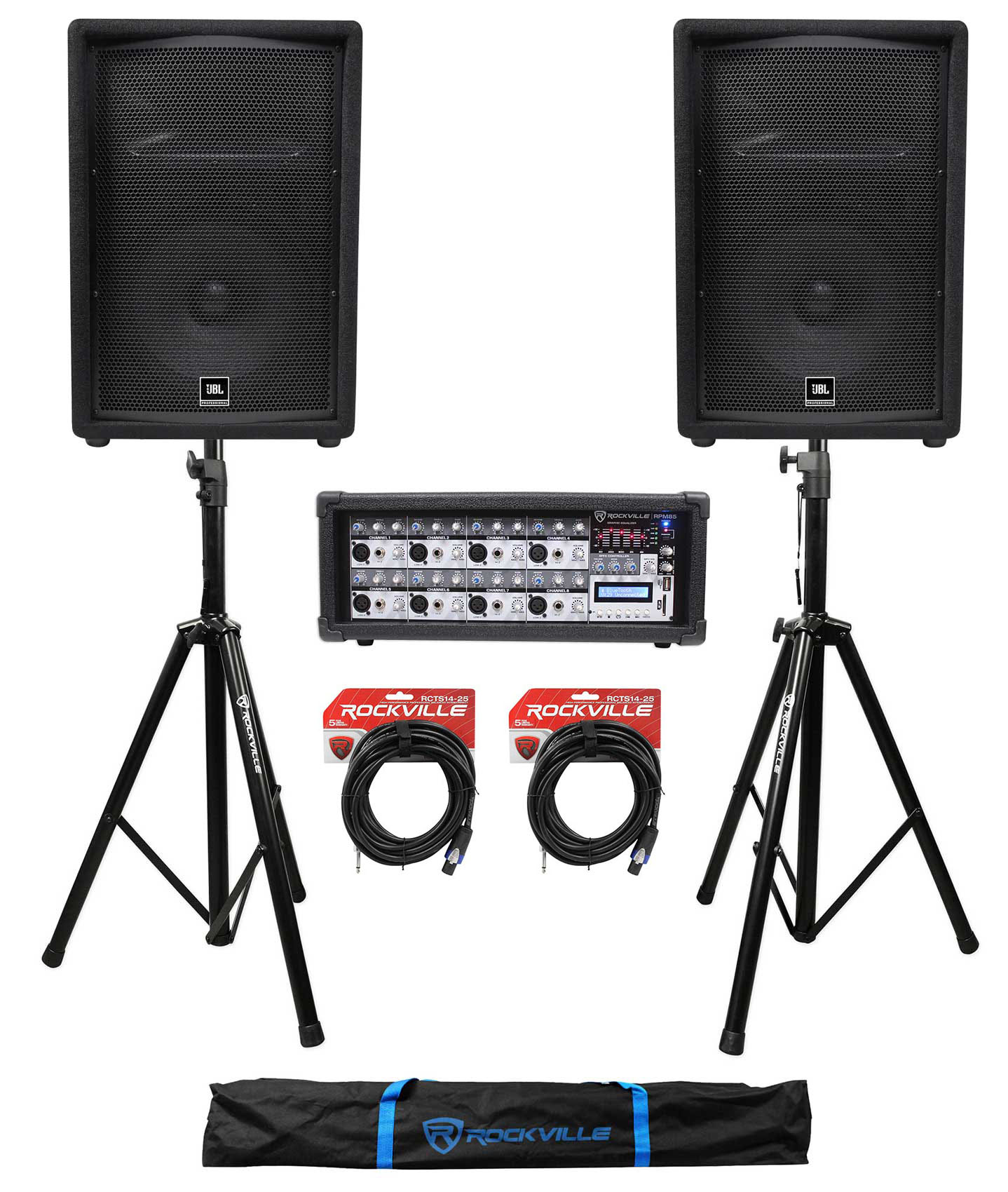 (2) JBL Pro JRX212 12" 2000w PA/DJ Speakers+Powered Mixer w/Bluetooth+Stands