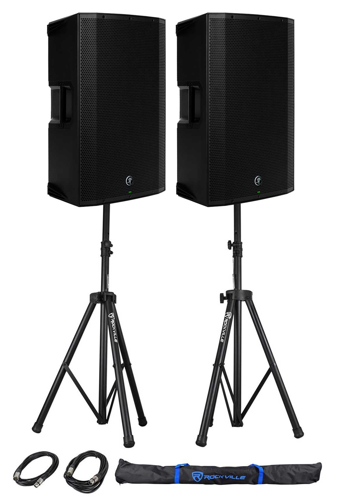 (2) Mackie Thump15BST THUMP-15BST 15" 1300w Powered DJ PA Speakers+Stands+Cables