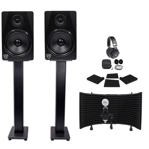 (2) Rockville APM8B 8" 500w Studio Monitors+Stands+Pads+Headphones+Mic+Shield