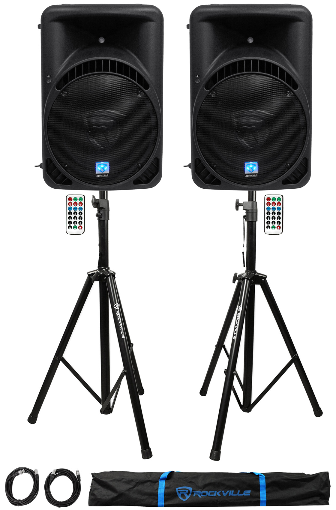 (2) Rockville RPG15BT 15" 2000w Powered BlueTooth/USB DJ Speakers+Stands+Cables
