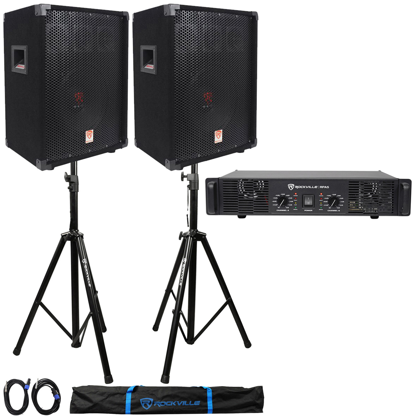 (2) Rockville RSG10 DJ PA Speakers + Rocville RPA5 Amp + Stands + Cables + Case