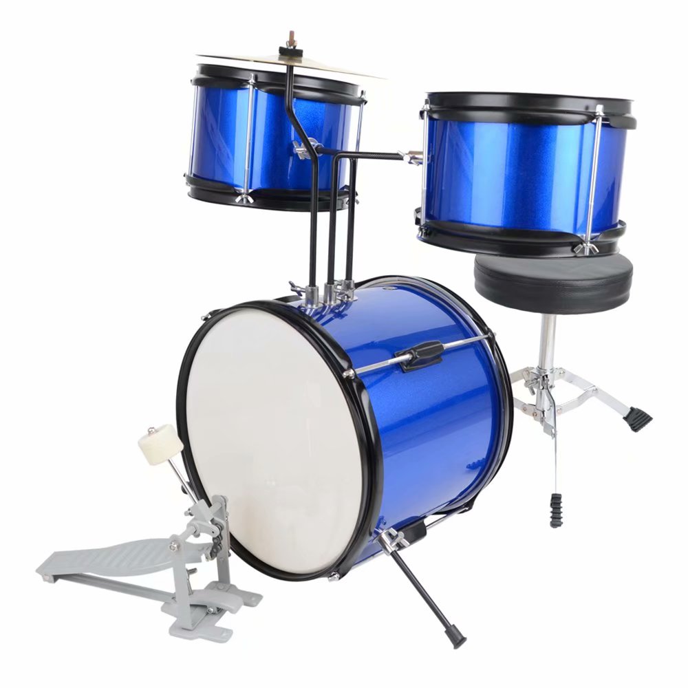 12"x11" 3-Pieces Junior Kids Child Drum Set Kit Pedal Drum Stick Wrench Drum Stool Blue