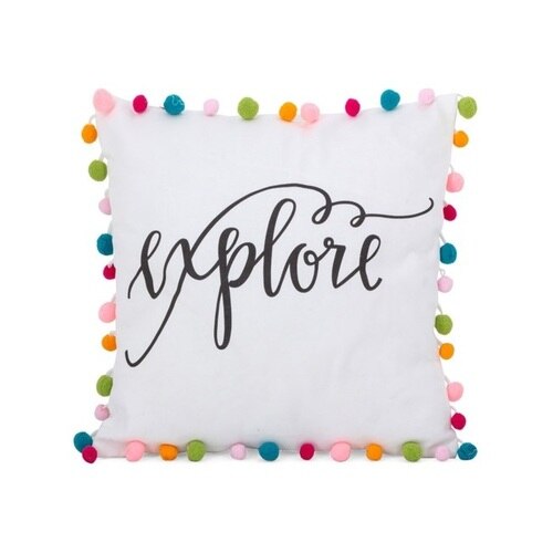 16" White "Explore" Pet Pom Pom Pillow with Dotted Side - 33408477