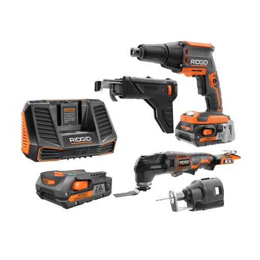 RIDGID 18V Li-Ion Cordless Brushless Drywall Screwdriver w/Jobmax Multitool,Collated Attach., Rotary Cutter,Batteries,Charger