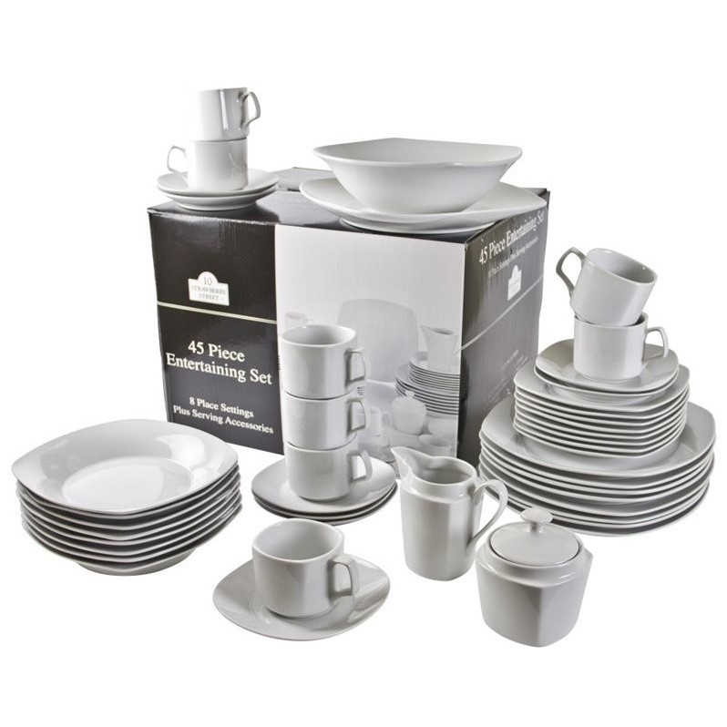 10 Strawberry Street 45 Piece Square Dinnerware Collection in White