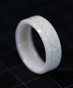 B08W1KFCS4 White Ceramic Ring Mens Wedding Band Opal Inlay Ring Womens Engagement Ring Custom Laser Engraving