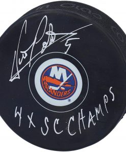 B08V3JCQLS Denis Potvin New York Islanders Autographed Hockey Puck with"4X SC Champs" Inscription - Autographed NHL Pucks