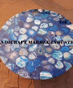 B08SJ97G8C 18" Inch Blue Agate Round Coffee Table, Agate Table, Stone Coffee Table, Agate Table Top, Agate Coffee Table, Agate Side Table Home Decor