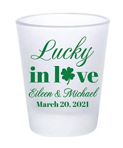 B08X1FHW6R Personalized Irish wedding favors, lucky in love, personalized wedding shot glasses, wedding favors for guests in bulk, frosted shot glasses, shamrock wedding favors bulk