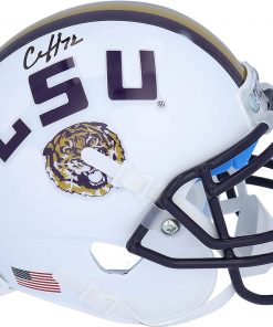 B08T6J9T89 Clyde Edwards-Helaire LSU Tigers Autographed Schutt White and Gold Mini Helmet - Autographed College Mini Helmets