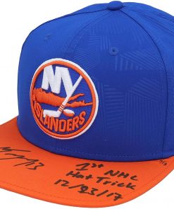 B08W6BBR1S Mathew Barzal New York Islanders Autographed Blue Rinkside Snapback Cap with"1st NHL Hat Trick 12/23/17" Inscription - Limited Edition of 13 - Autographed NHL Hats