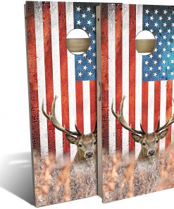 B08WJJB16F Skip's Garage American Flag Deer Cornhole Board Set - Choose Your Size and Accessories - Includes 2 Boards, 8 Bags and More