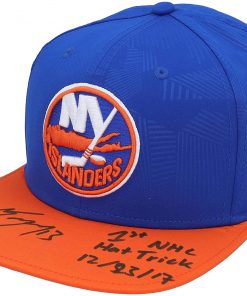B08W6GKC37 Mathew Barzal New York Islanders Autographed Blue Rinkside Snapback Cap with"1st NHL Hat Trick 12/23/17" Inscription - #13 of a Limited Edition of 13 - Autographed NHL Hats