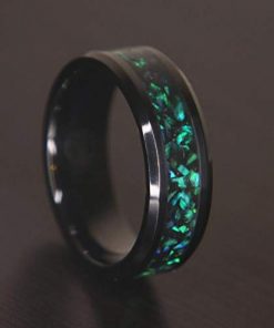 B08VD1LN42 Black Ceramic Wedding Band Ring 8mm 6mm for Men Women Comfort Fit Opal Band Engagement Ring Beveled Edge Polished Lightweight Custom Laser Engraving