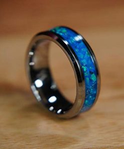 B08W22MD1P Blue Wedding Band Tungsten Mens Ring Tanzanite Opal Inlay Ring Custom Laser Engraving