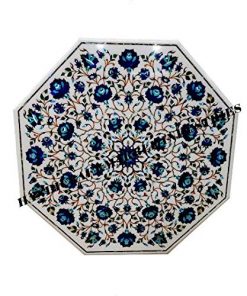 B08T9D346D 48" Inch White Marble Dining Table Inlaid With Lapislazuli And Stones,Lapislazuli Dining Table, Stone Dining Table, Hallway Dining Table