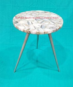 B08V1LJYT8 18" Inch Round Natural Grey White Brown Agate Coffee Table with Metal Base, Agate Table, Stone Coffee Table, Agate Table Top, Agate Round Coffee Table