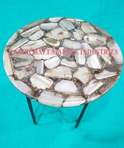 B08V16BQSP 12" Inch Round Brown Grey Agate Coffee Table with Hair Pin Style Metal Base, Agate Table, Stone Coffee Table, Agate Table Top, Agate Round Coffee Table, Agate Side Table Home Decor