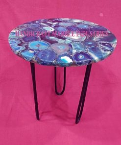 B08V15Y9XM 21" Inch Round Blue Agate Coffee Table with Hair Pin Style Metal Base, Agate Table, Stone Coffee Table, Agate Table Top, Agate Round Coffee Table, Agate Side Table Home Decor